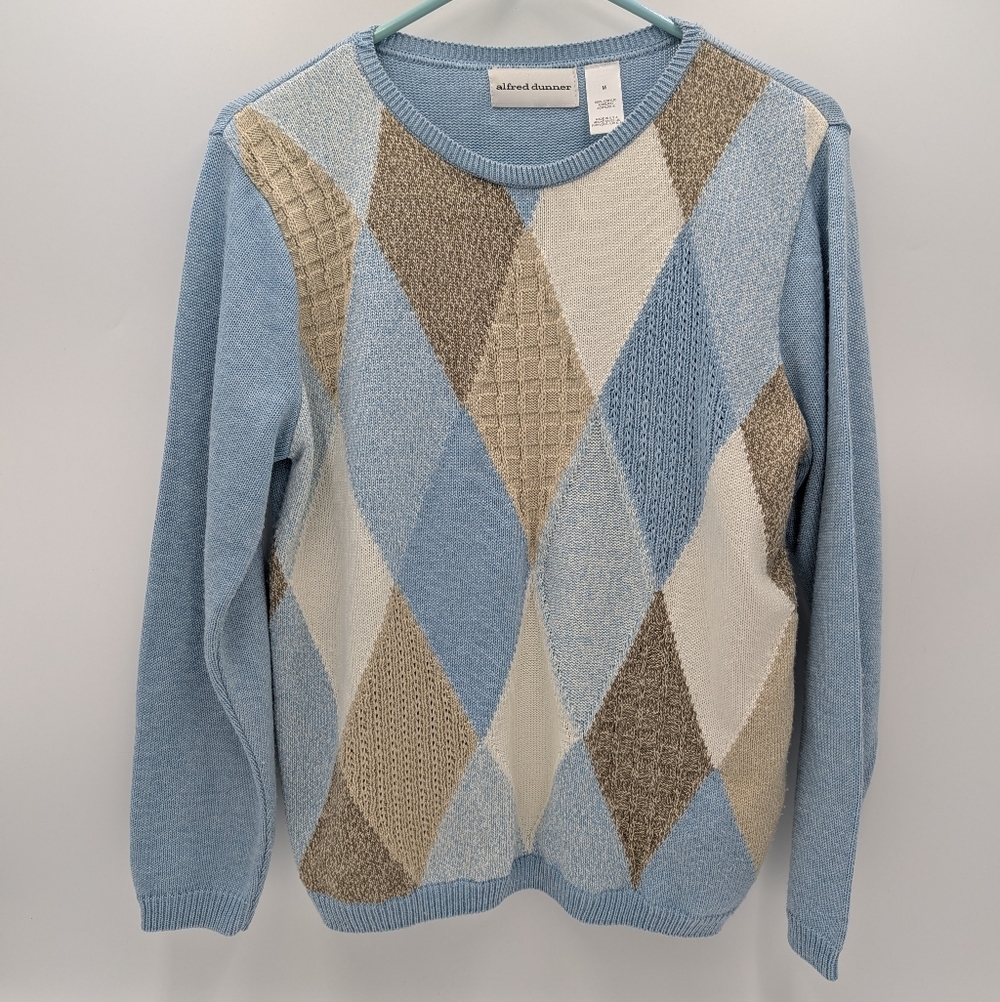 Vintage Alfred Dunner Women's Argyle Knit Sweater Preppy Pullover Medium Blue